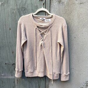 LNA Lace Up Tie Front Waffle Knit Lounge Top Size Small